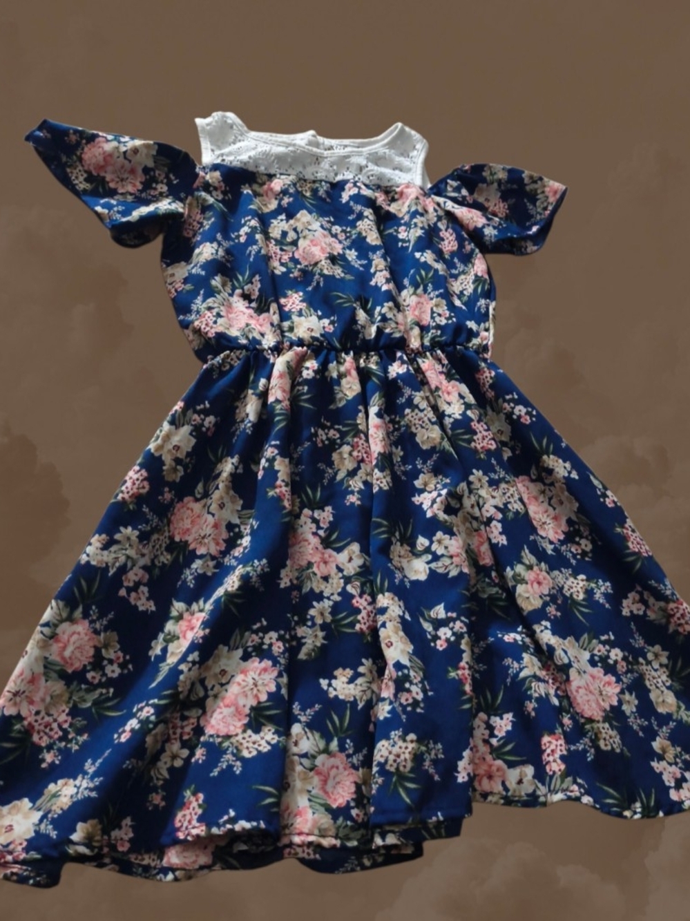 Lily Bleu Girls Size 8 Floral Cold Shoulder Dress Blue Lace Trim EUC
